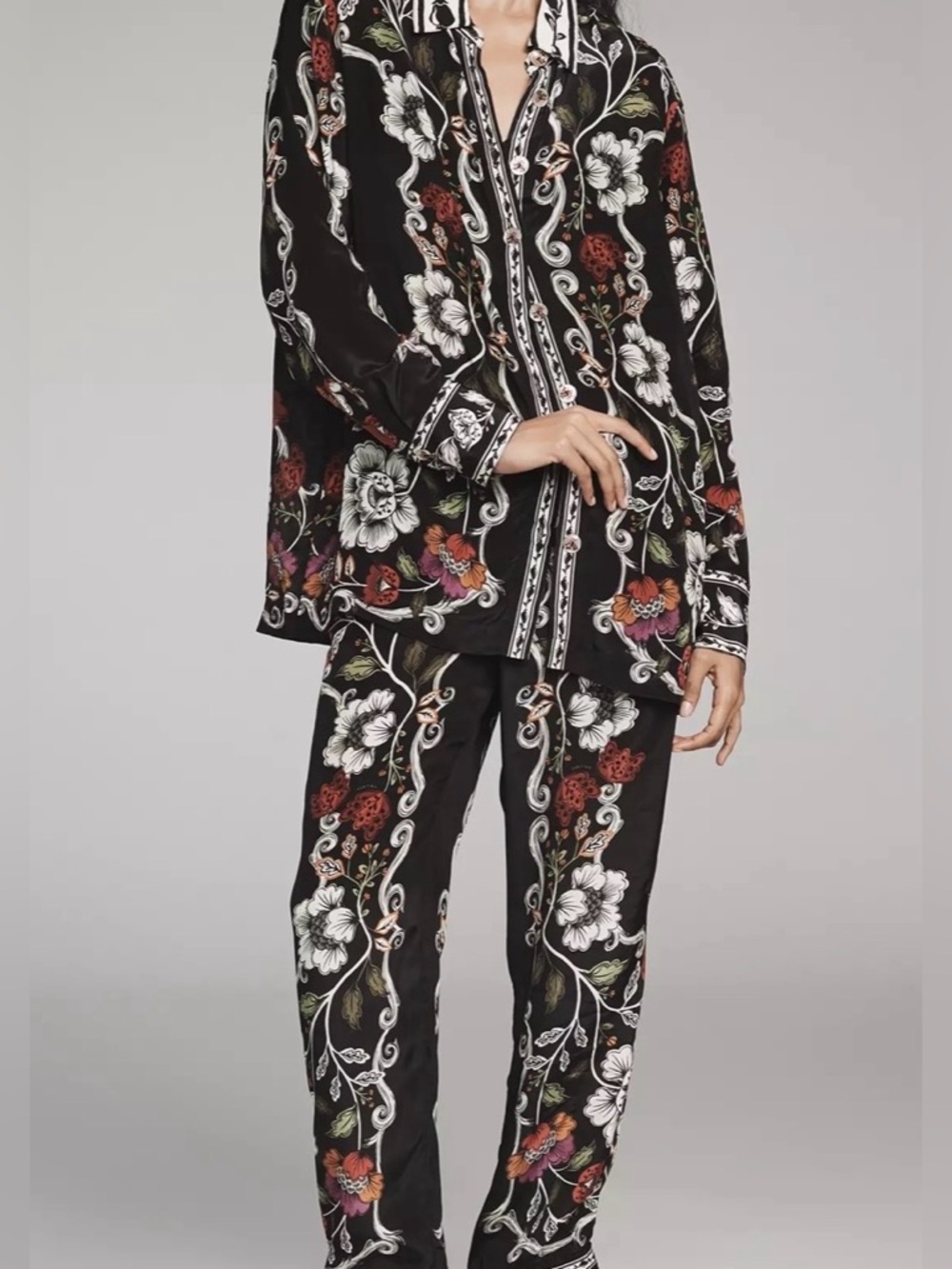 Farm Rio Matching Set NWT Floral Print Shirt Pants Black Size S/M